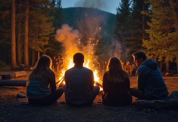 Foto een groep vrienden zit rond een kampvuur in het bos en geniet van een rustige avond uit