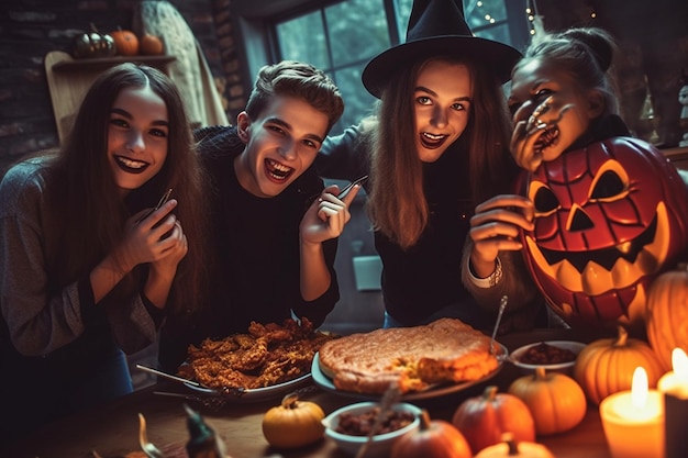 een groep vrienden zit rond een tafel met pompoenen en pompoenen.