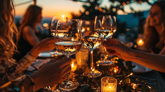 Een groep vriendinnen juicht met bekers Chardonnay tijdens een zonsondergang