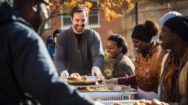 Een groep vrijwilligers die een Thanksgiving-diner serveren aan daklozen in een plaatselijk asiel