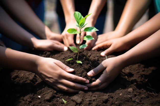 Een groep vrijwilligers neemt de handen in elkaar om een boom te planten op Wereldmilieudag.