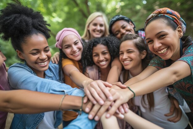 Een groep vrouwen die handen vasthouden in het midden van een cirkel van steun onder vrouwen