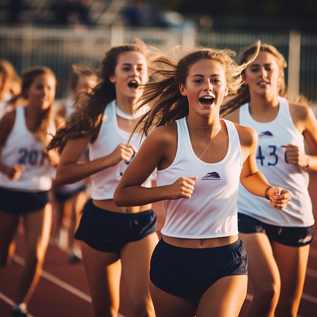 een groep vrouwen die op een baan lopen met de nummers 15 en 15 op hun shirts