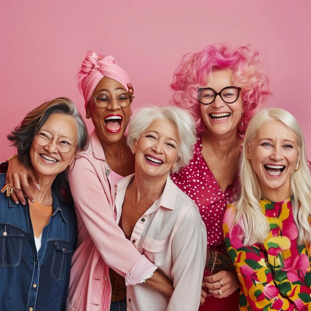 Foto een groep vrouwen die poseren voor een foto met iemand die een roze pruik draagt