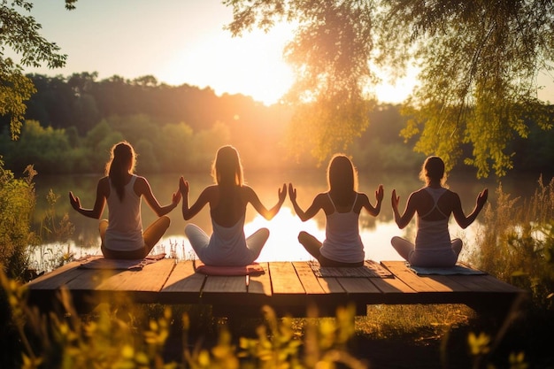 Foto een groep vrouwen die yoga doen op een kade