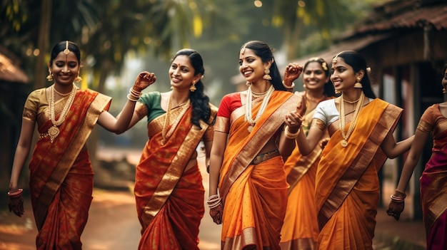 Een groep vrouwen, gekleed in traditionele Kerala-sari's, voert gracieus de Kaikottikali-dans uit