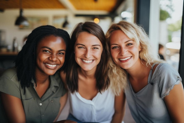 een groep vrouwen glimlacht en glimlacht in een fotostudio
