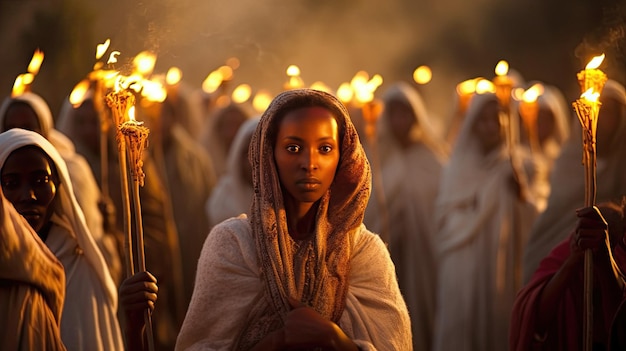 een groep vrouwen houdt in een processie brandende kaarsen omhoog.
