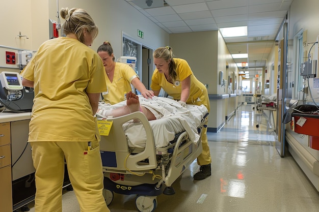 Foto een groep vrouwen in gele uniformen staan rond een ziekenhuisbed.