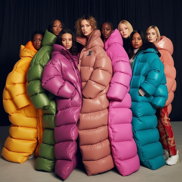 Een groep vrouwen in kleurrijke puffers staat bij elkaar.
