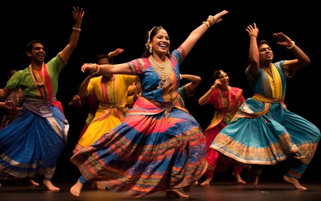 een groep vrouwen in kleurrijke rokken dansen op het podium