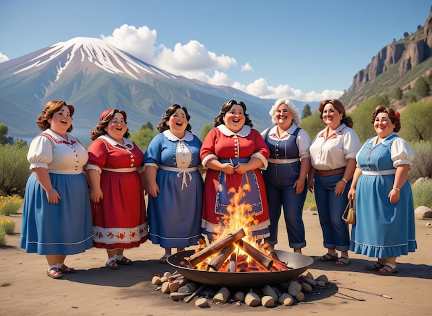een groep vrouwen in kostuums die rond een kampvuur staan