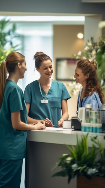 een groep vrouwen in scrubs staan voor een spiegel en glimlachen