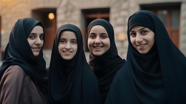 Een groep vrouwen in zwarte hijab staat bij elkaar voor een gebouw.