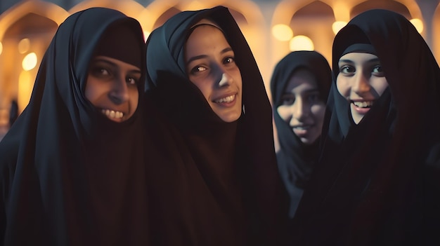 Een groep vrouwen in zwarte hijab staat in een rij, glimlachend en kijkend naar de camera.