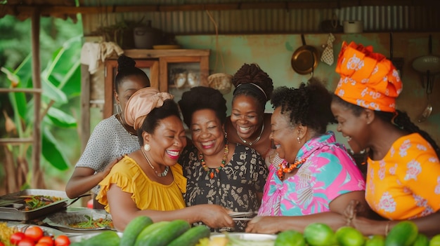 Een groep vrouwen is rond een tafel verzameld en glimlacht en lacht