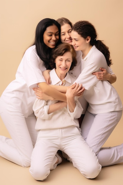 Een groep vrouwen knuffelt en glimlacht.