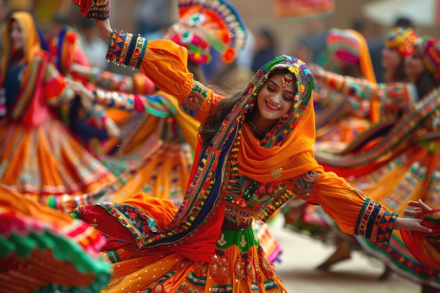 Een groep vrouwen versierd in heldere levendige kostuums die energiek en sierlijk dansen in een cultureel feest de lucht is gevuld met beweging en vreugde