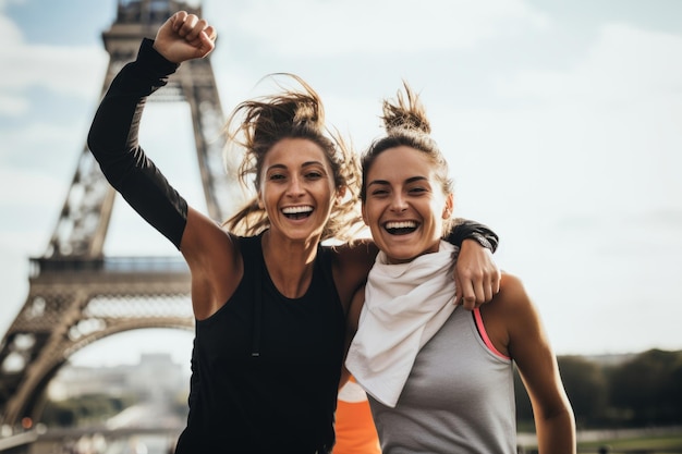 Een groep vrouwen viert het winnen van een sportwedstrijd met de Eiffeltoren op de achtergrond.