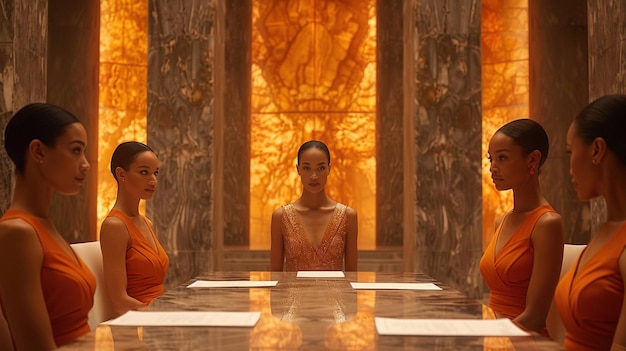 Een groep vrouwen zit aan een lange tafel in oranje jurken.