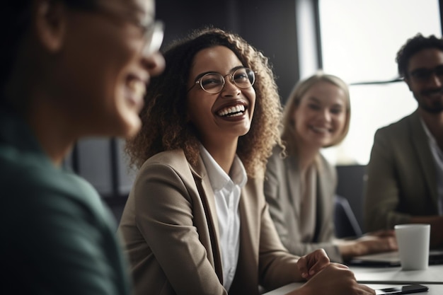 Een groep vrouwen zit rond een bureau te glimlachen en te lachen.