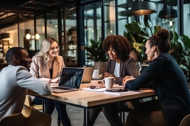 een groep vrouwen zit rond een tafel met een laptop en het woord erop