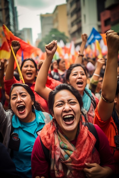 een groep vrouwen zwaait met vlaggen en schreeuwt slogans in een protest