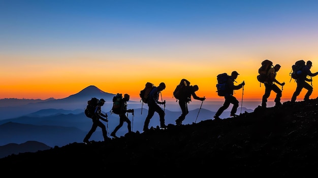 Foto een groep wandelaars beklimt een steile bergtop de wandelaars dragen allemaal rugzakken en dragen trekkingstokken