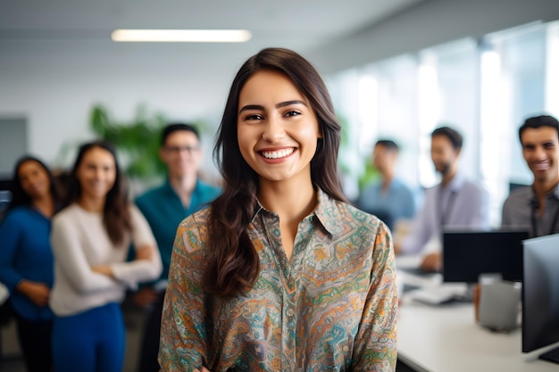 Een groep werknemers uit de technische industrie met een batik smile office-achtergrond