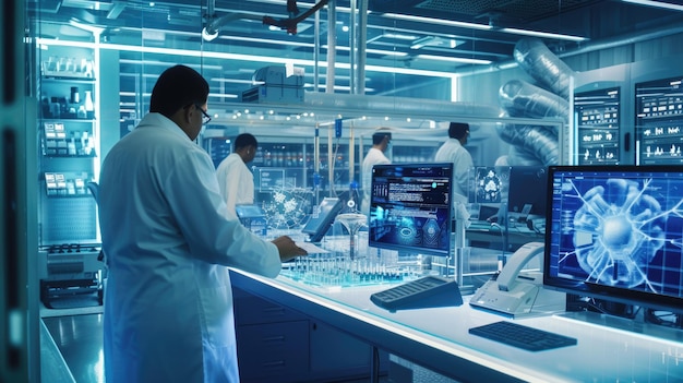 Een groep wetenschappers werkt aan computers in een laboratorium AIG41