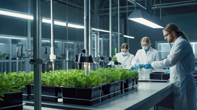 Een groep wetenschappers werkt in het laboratorium. Ze onderzoeken planten en doen experimenten.