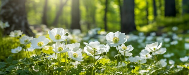 Een groep witte bloemen in een bos