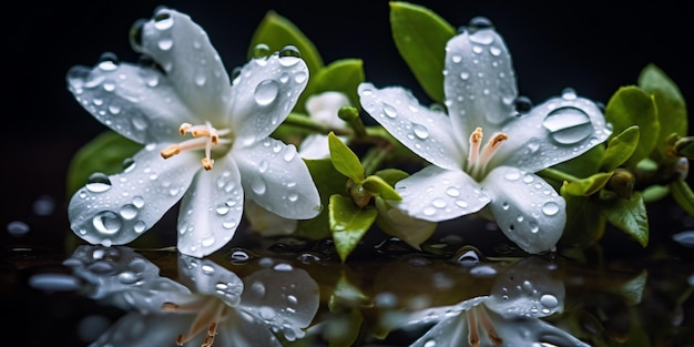 een groep witte bloemen met waterdruppels