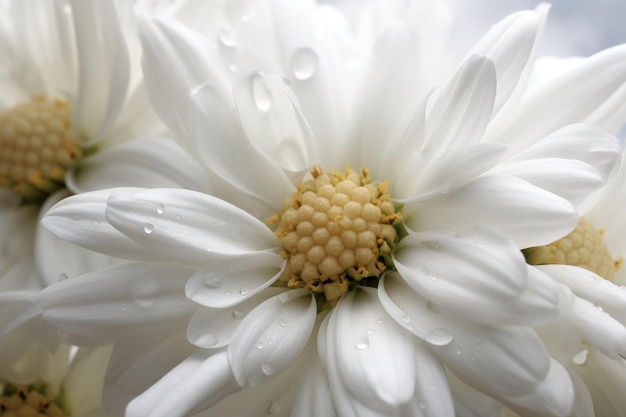 Een groep witte bloemen met waterdruppeltjes erop generatieve AI