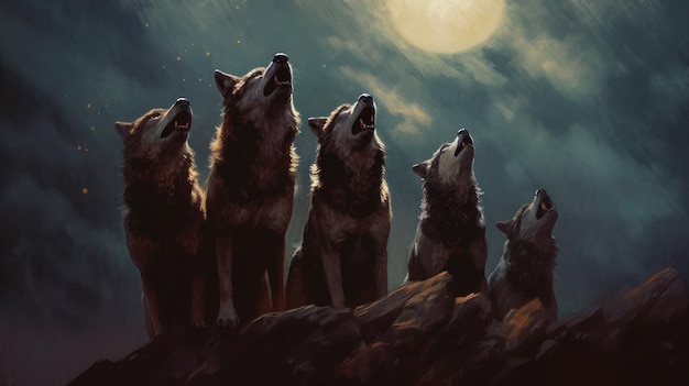 Een groep wolven die huilt naar de maan die AI heeft gegenereerd