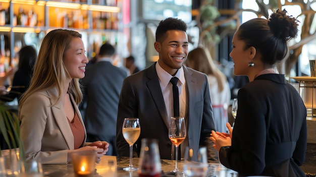 Een groep zakelijke professionals geniet van een gesprek in een bar na het werk