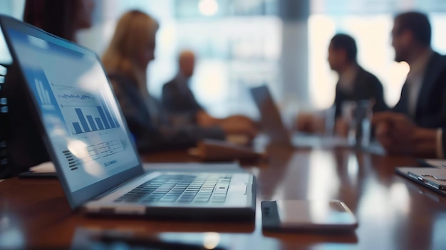 Een groep zakelijke professionals zit rond een vergadertafel met een vergadering