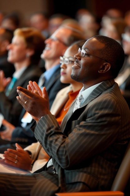 Een groep zakenlieden die in een congreszaal zitten en tijdens een seminar vreugdevol klappen en hun geluk en succes tijdens een congres evenement tentoonstellen