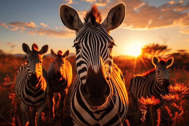 Een groep zebra's die zich verzamelen op de prairie in de buurt van het meer, brede land, de ondergaande zon op de gegenereerde ai