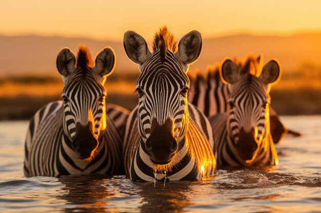 Een groep zebra's verzamelde zich in de buurt van het brede land van het meer en de ondergaande zon aan de horizon werd gegenereerd