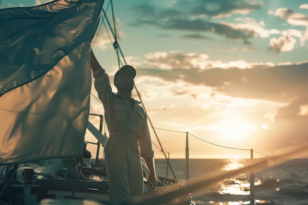 Een groep zeelieden die samen kleurrijke zeilen heffen op een zeilboot die zich voorbereidt op een avontuurlijke reis