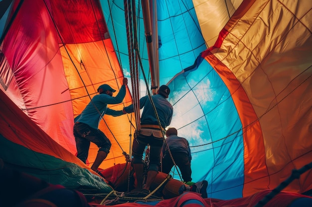 Een groep zeelieden die samen kleurrijke zeilen heffen op een zeilboot die zich voorbereidt op een avontuurlijke reis