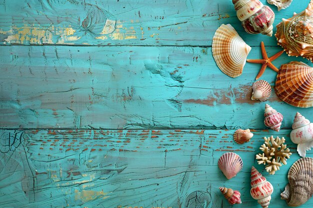 een groep zeeschelpen op een blauw houten oppervlak