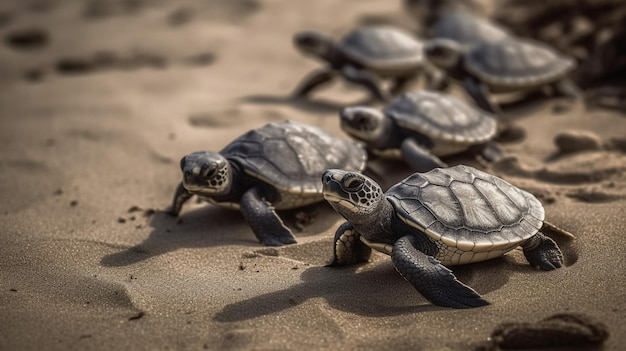 Een groep zeeschildpadden op het strand