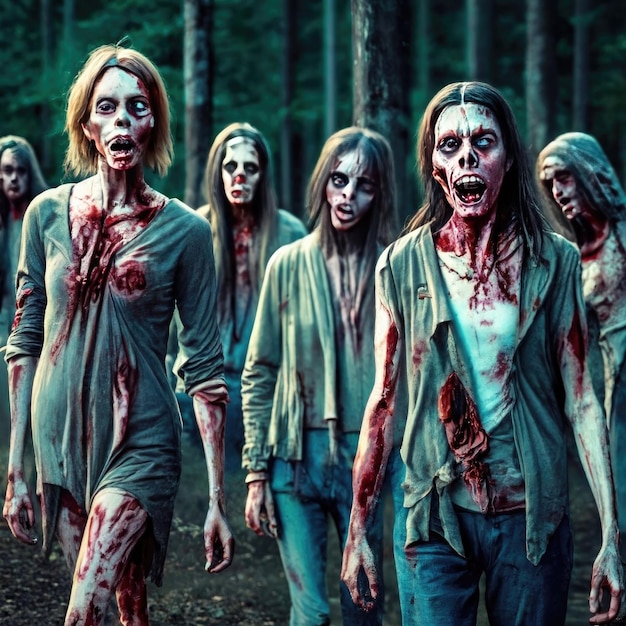 Foto een groep zombies die 's nachts door een bos lopen.