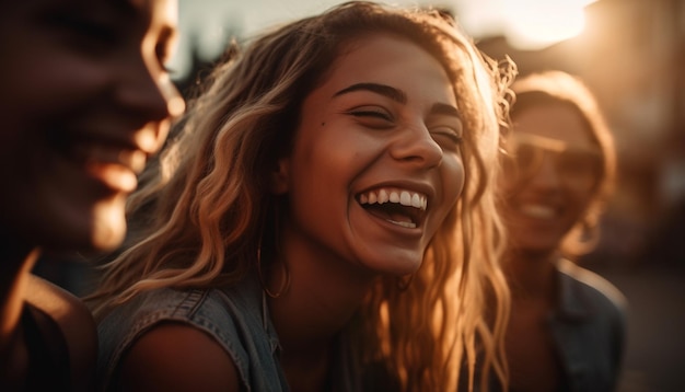 Een groep zorgeloze jonge vrouwen geniet van een speels zomerfeest dat door AI wordt gegenereerd