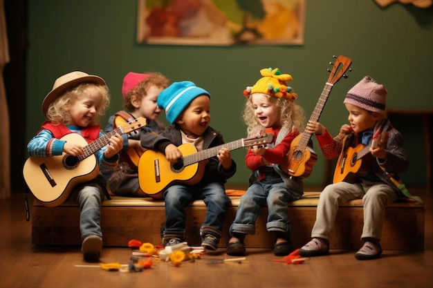 Een groepje kinderen speelt gitaar en zingt.