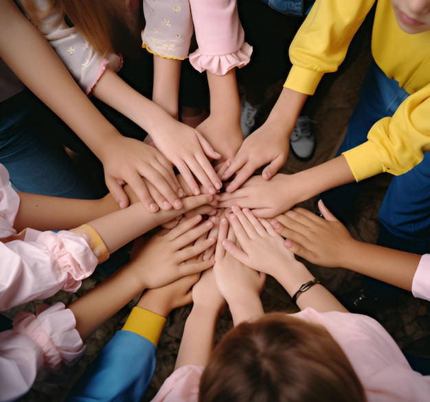 Een groepje kinderen steekt de handen in elkaar in een kringjongerendag