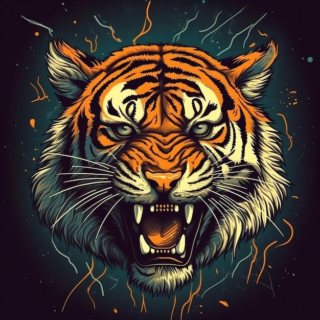 Een grommende tijger met bliksemschichten die rond zijn lichaam knetteren in een dynamische pop-artstijl