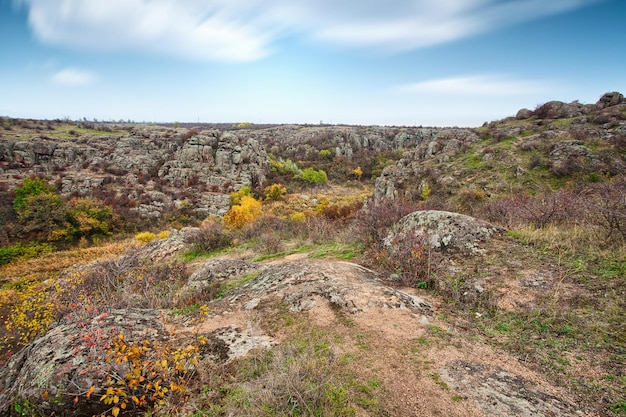 Een groot aantal steenmineralen bedekt met groene vegetatie ligt boven een kleine rivier in het pittoreske Oekraïne en zijn prachtige natuur